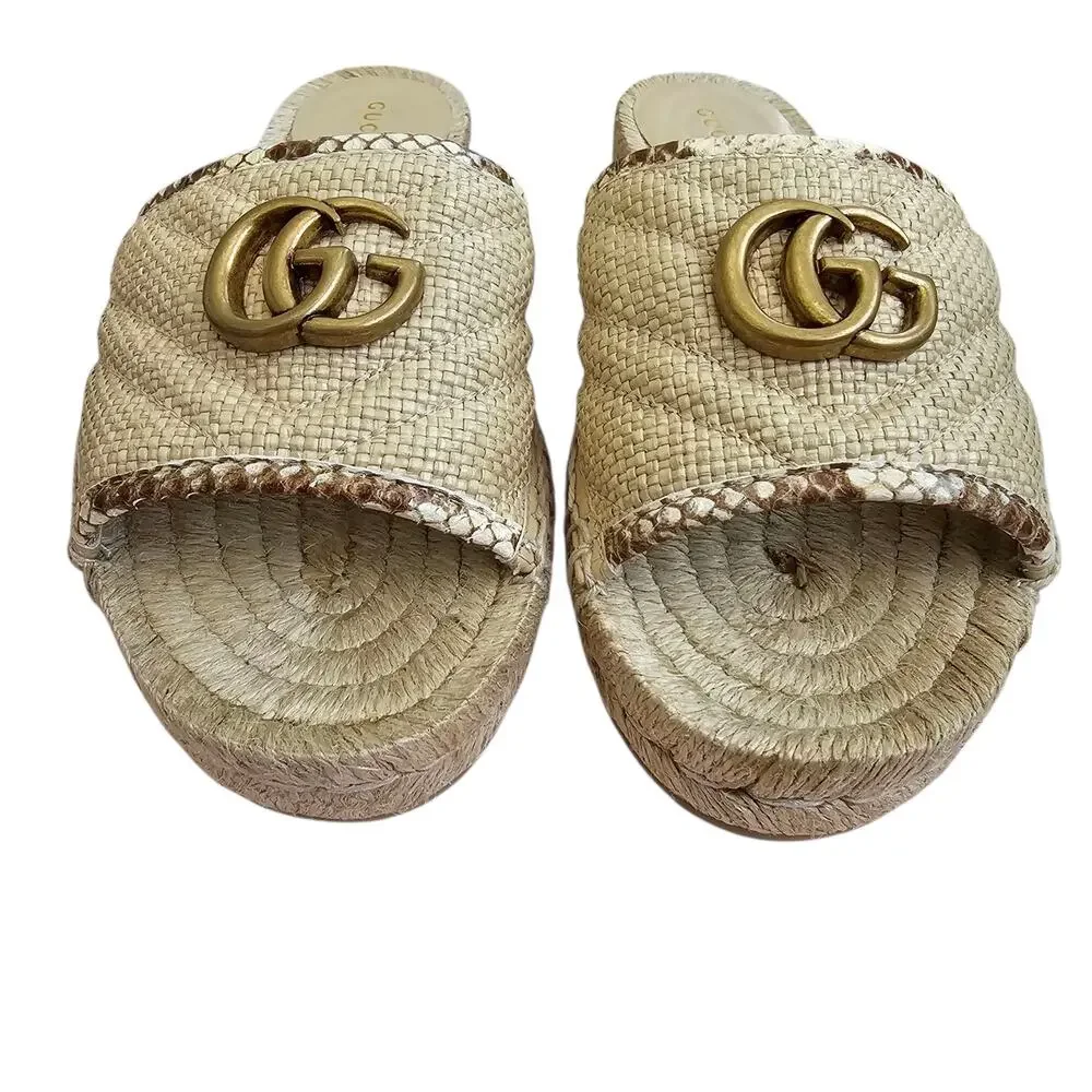 Gucci GG Marmont Raffia Espadrille Flat Slide Sandal Beige Brown 37.5 US 7.5 - Picture 4 of 12